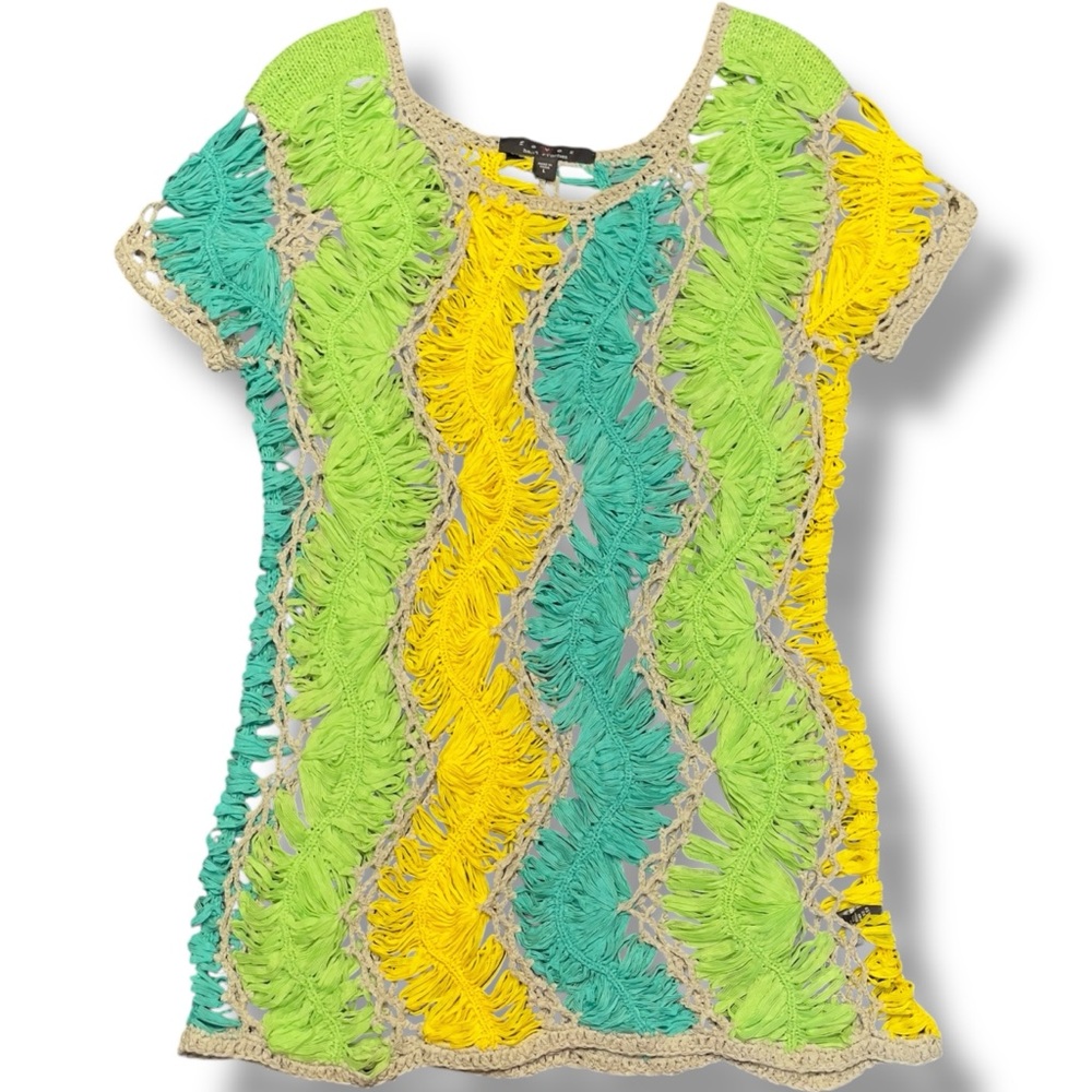 Fever Hand Crochet CoverUp Mini‎ Dress Multicolor Top ZigZag Pattern Weave L
